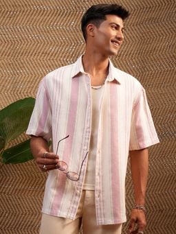 LOCOMOTIVE - Men Pink Mocklino Dobby Striped Oversized Shirt