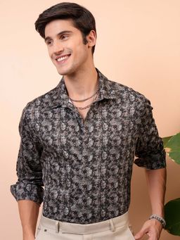 LOCOMOTIVE - Men Black Satin Printed Party Shirt