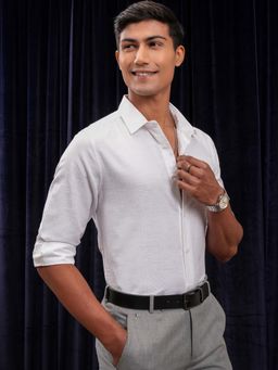 LOCOMOTIVE - Men White Jacquard Textured Party Shirt