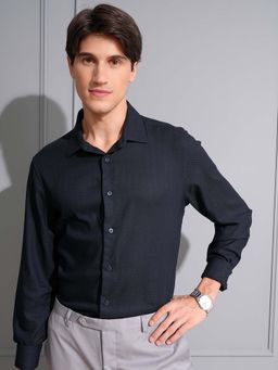 LOCOMOTIVE - Men Navy Blue Dobby Textured Party Shirt