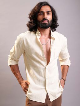 LOCOMOTIVE - Men Off White Seersucker Button Down Collar Casual Shirt