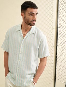 LOCOMOTIVE - Men Blue Cuban Collar Relaxed Fit Shirt