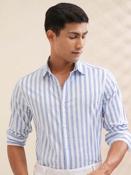 LOCOMOTIVE - Men White Striped Button Down Party Shirt
