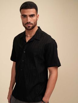 LOCOMOTIVE - Luxe Men Black Jacquard Cuban Collar Relaxed Fit Shirt