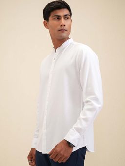 LOCOMOTIVE - Men White Dobby Textured Mandarin Collar Casual Shirt