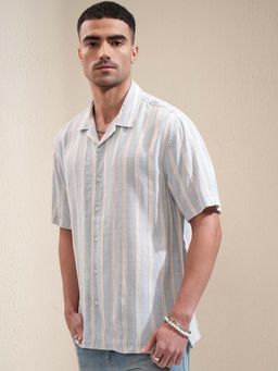 LOCOMOTIVE - Men Blue Chenille Yarn Striped Cuban Collar Relaxed Fit Shirt