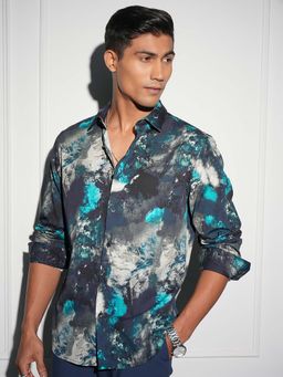 LOCOMOTIVE - Men Teal Satin Printed Shirt