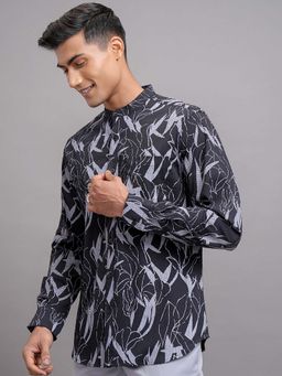 LOCOMOTIVE - Men Black Seesucker Mandarin Collar Shirt