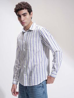 LOCOMOTIVE - Men White Vertical Striped Cutaway Collar Slim Fit Cotton Shirt