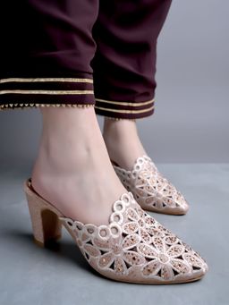 Shoetopia - Girls Pink Embellished Ethnic Party Block Heels with Laser Cuts