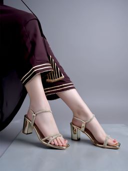 Shoetopia - Embellished Rhinestones Strap Golden Heels for Women & Girls