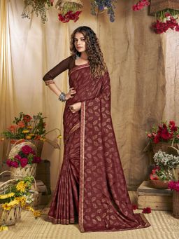 Odette - Wine Designer Foil Printed Saree with Unstitched Blouse