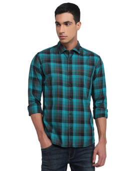 Park Avenue - Men Slim Checkered Dark Petrol Shirt
