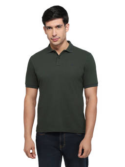 Raymond - Men Slim Fit Solid Dark Green Polo T-Shirt