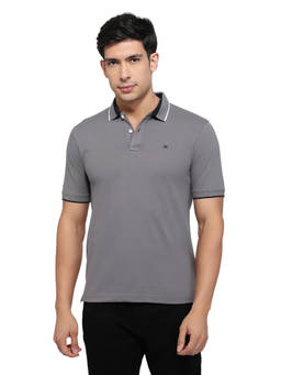 Raymond - Men Slim Fit Solid Dark Grey Polo T-Shirt