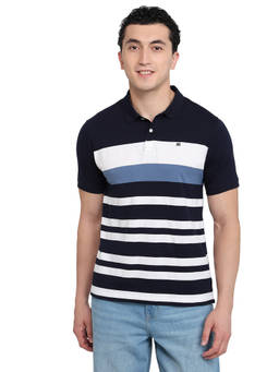 Raymond - Men Slim Fit Striped Navy Blue Polo T-Shirt