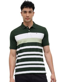 Raymond - Men Slim Fit Striped Dark Green Polo T-Shirt