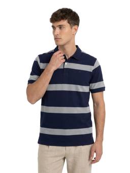 Raymond - Men Slim Striped Medium Navy Blue Polo T-Shirt