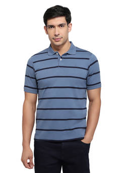 Raymond - Men Slim Fit Striped Medium Blue Polo T-Shirt