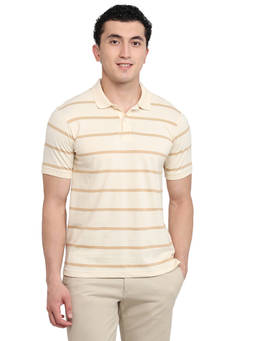 Raymond - Men Slim Fit Striped Beige Polo T-Shirt