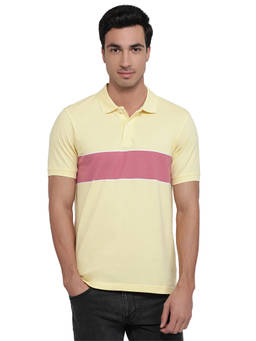 Raymond - Men Slim Fit Striped Medium Yellow Polo T-Shirt
