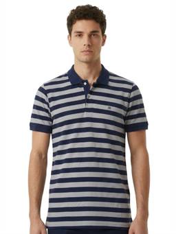 Raymond - Men Slim Fit Striped Navy Blue Polo T-Shirt