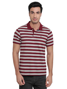 Raymond - Men Slim Fit Striped Dark Maroon Polo T-Shirt