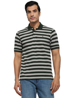 Raymond - Men Slim Fit Striped Dark Green Polo T-Shirt