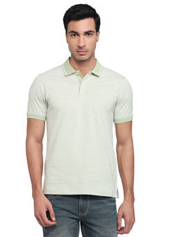 Raymond - Men Slim Fit Striped Medium Green Polo T-Shirt