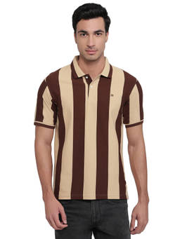 Raymond - Men Slim Fit Striped Dark Brown Polo T-Shirt