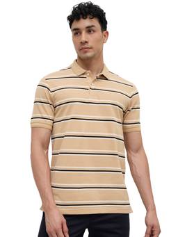 Raymond - Men Slim Fit Striped Medium Beige Polo T-Shirt