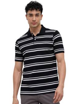 Raymond - Men Slim Fit Striped Medium Black Polo T-Shirt