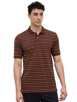 Raymond - Men Slim Fit Striped Dark Brown Polo T-Shirt