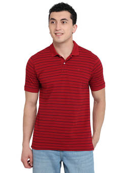 Raymond - Men Slim Fit Striped Medium Red Polo T-Shirt