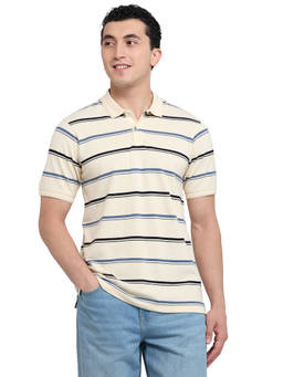 Raymond - Men Slim Fit Striped Cream Polo T-Shirt