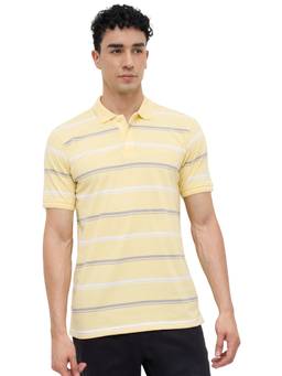 Raymond - Men Slim Fit Striped Medium Yellow Polo T-Shirt