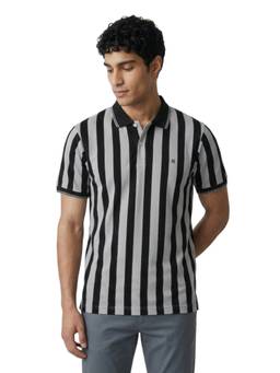 Raymond - Men Slim Fit Striped Black Polo T-Shirt