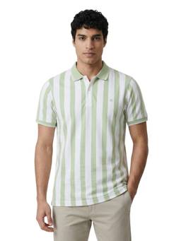 Raymond - Men Slim Fit Striped Medium Green Polo T-Shirt