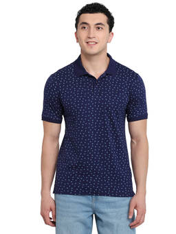 Raymond - Men Slim Fit Printed Navy Blue Polo T-Shirt