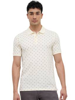 Raymond - Men Slim Fit Printed Light Cream Polo T-Shirt