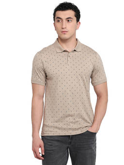 Raymond - Men Slim Fit Printed Medium Beige Polo T-Shirt