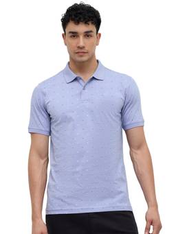 Raymond - Men Slim Fit Printed Medium Blue Polo T-Shirt