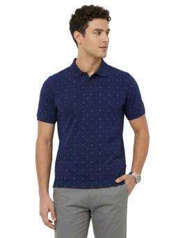 Raymond - Men Slim Fit Printed Navy Blue Polo T-Shirt