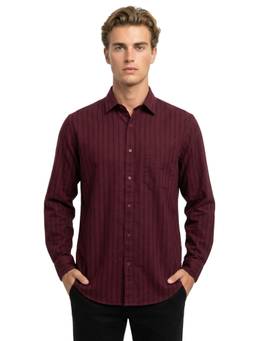Raymond - Men Slim Fit Striped Dark Maroon Shirt