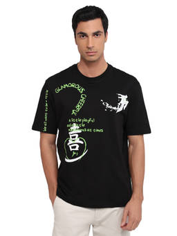 Parx - Men Oversized Fit Graphic Print Black T-Shirt