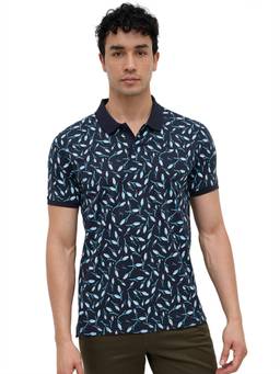 Parx - Men Navy Blue Regular Fit Floral Printed Polo T-Shirt