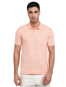 Parx - Men Regular Fit Striped Light Peach Polo T-Shirt