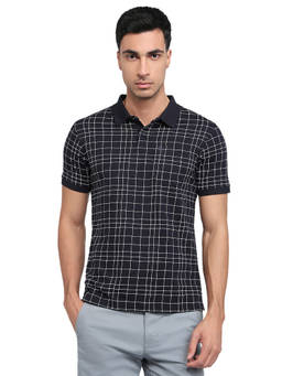 Parx - Men Regular Fit Checks Dark Blue Polo T-Shirt