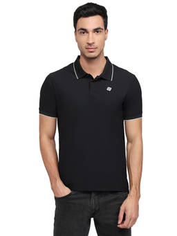 Parx - Men Regular Fit Textured Black Polo T-Shirt