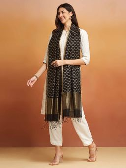 Fabindia - Black Cotton Silk Blend Hand Block Printed Dupatta